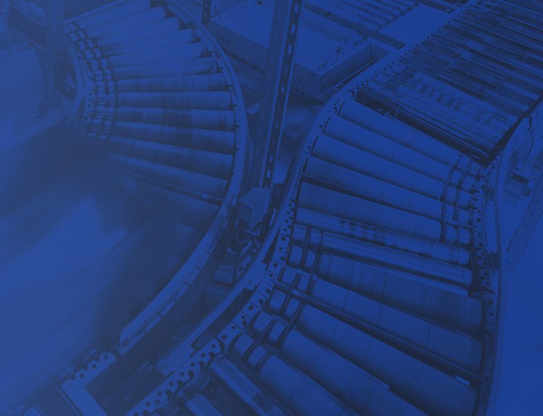 Blue conveyor belt to illustrate the durable, innovative, and cost-effective custom packaging solutions serving many industries