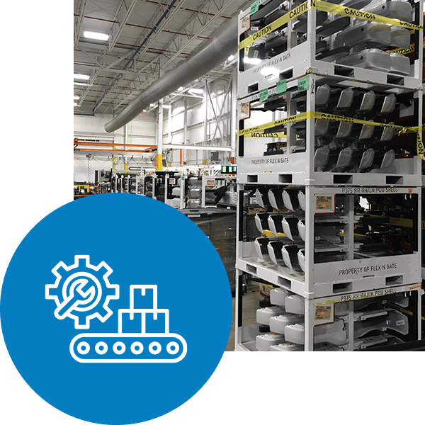 Image of steel racks stacked with manufacturing capabilities icon overlaid