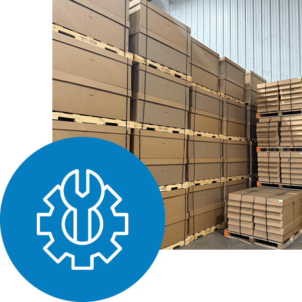 Image of corrugated cardboard boxes stacked on pallets with Program Management icon overlaid